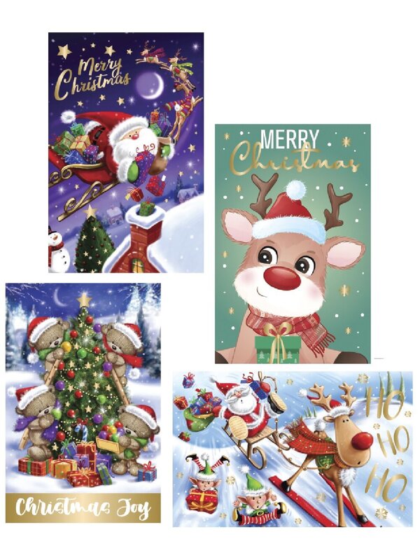 10x Cute Cartoon Character Christmas Greeting Cards Gold Foil Pack | 17cm