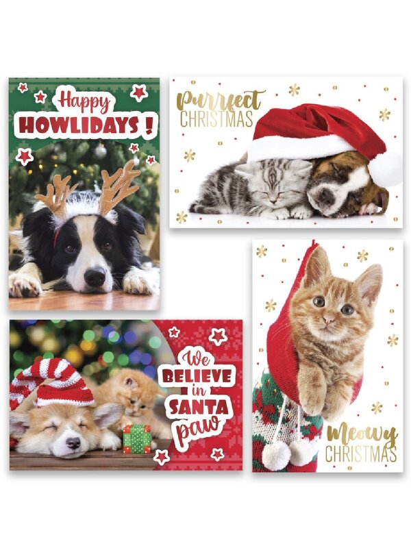 10x Cute Cats & Dogs Gold Foil Christmas Greeting Cards Pack | 17cm