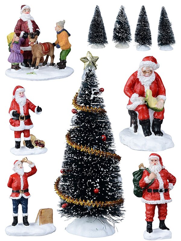 10x Posing Santa Claus & Snowy Pine Village Scene | 11cm Tree
