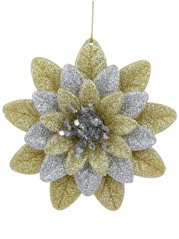 11cm Silver & Gold Glitter Lotus Flower Christmas Tree Ornament