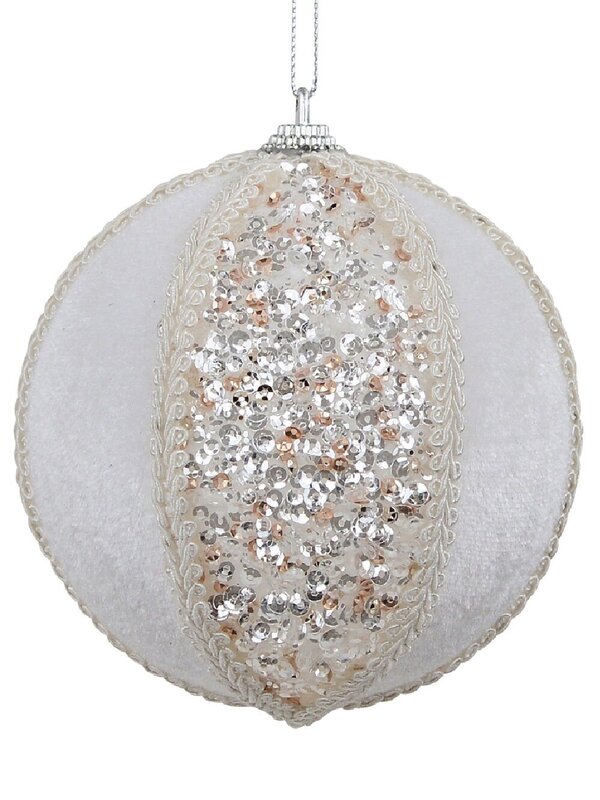 11cm White Sequin & Velvet Christmas Ball Bauble