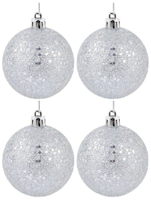 12 x 60mm Silver Metallic Sequins & Glitter Coated Christmas Baubles