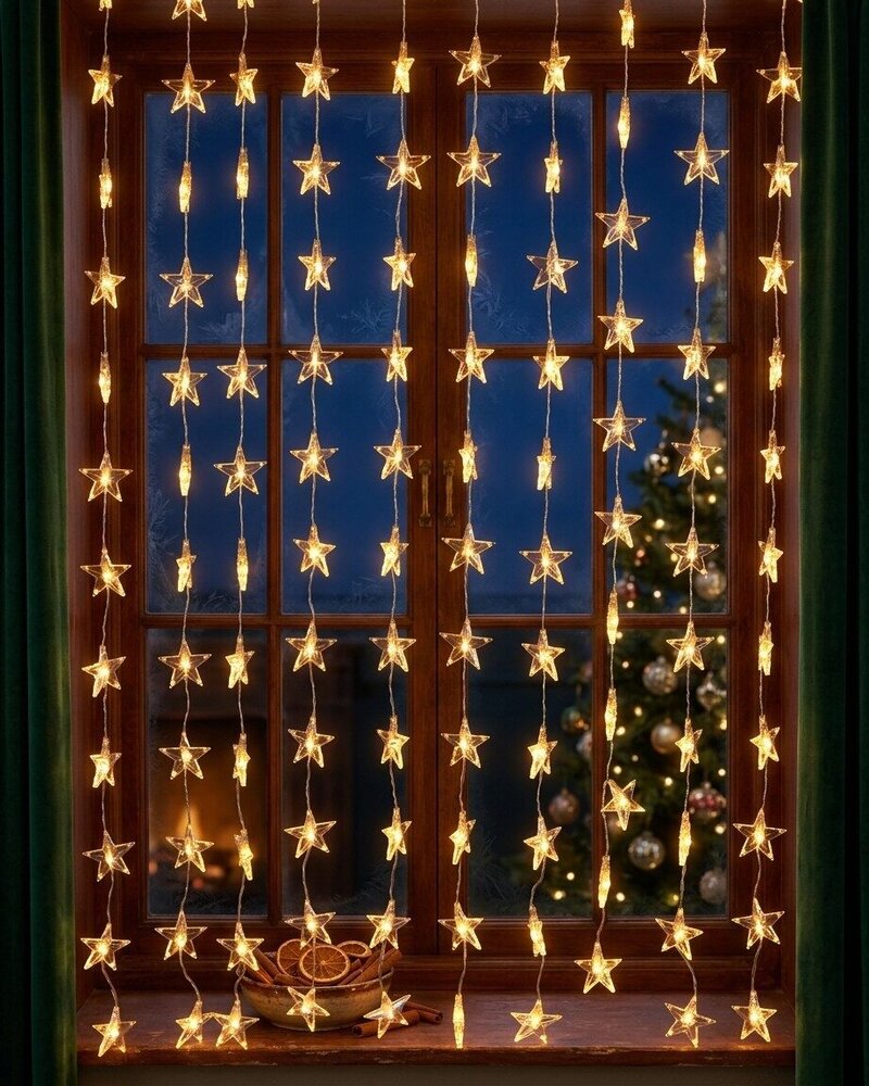 120 Warm White LED Star Curtain Lights 8 Function & Timer | 1.8m — image 2