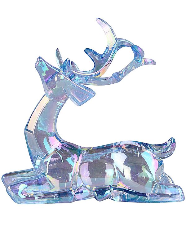 12cm Iridescent Blue Glass Style Sitting Reindeer Figurine