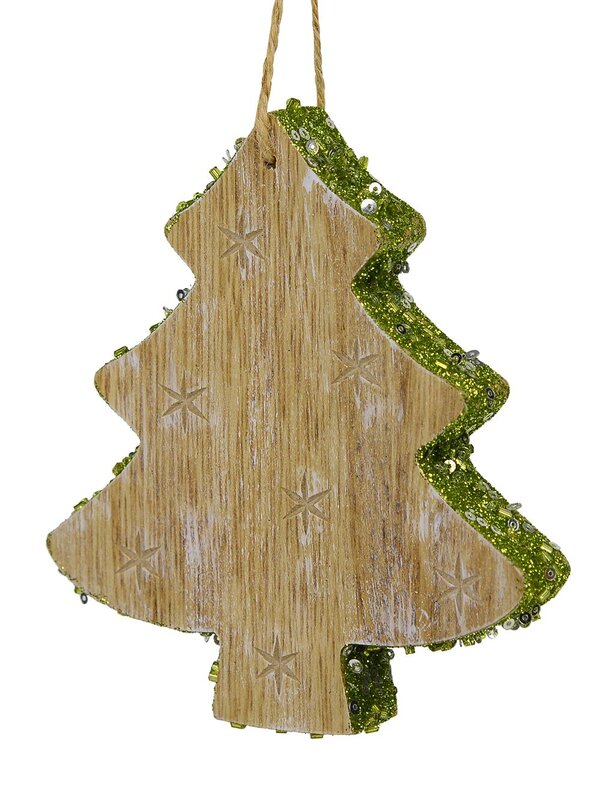 12cm Wood Christmas Tree With Green Glitter Trim Hanging Decoration