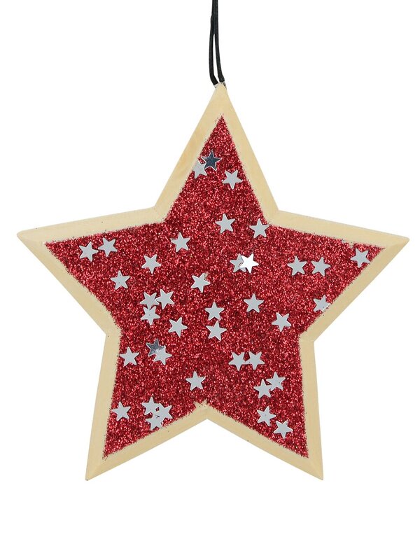 12cm Wood Star With Red Glitter & Stars Christmas Tree Hanging Decoration