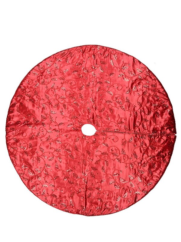 1.2m Red Sequin, Bead Holly Leaf & Berry Vine Pattern Christmas Tree Skirt