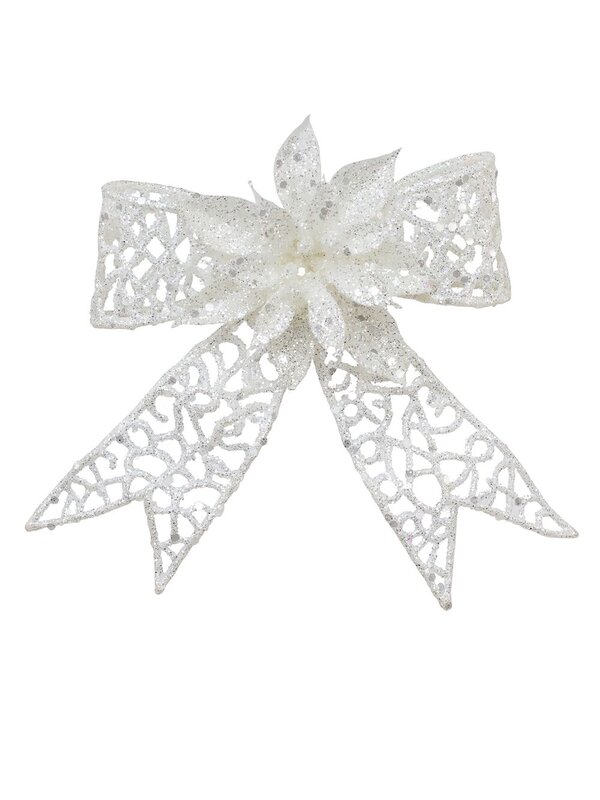 Iridescent Mesh Poinsettia Flower & Ribbon Christmas Bow Clip Pick | 13cm