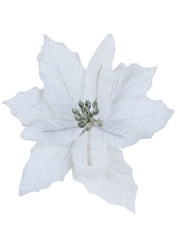 White Fabric & Glitter Bracts Poinsettia Christmas Tree Stem Pick | 14cm