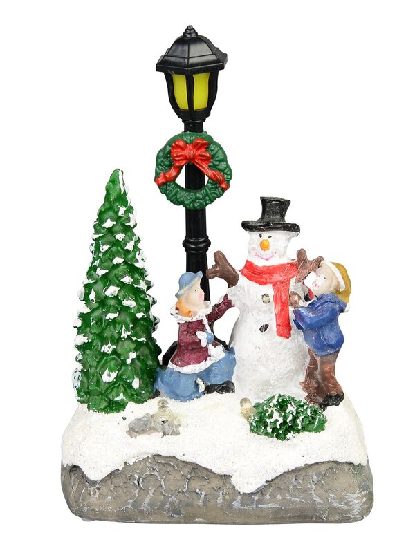 Illuminated Snowman With Children Street Scene With Led Lights - 13cm