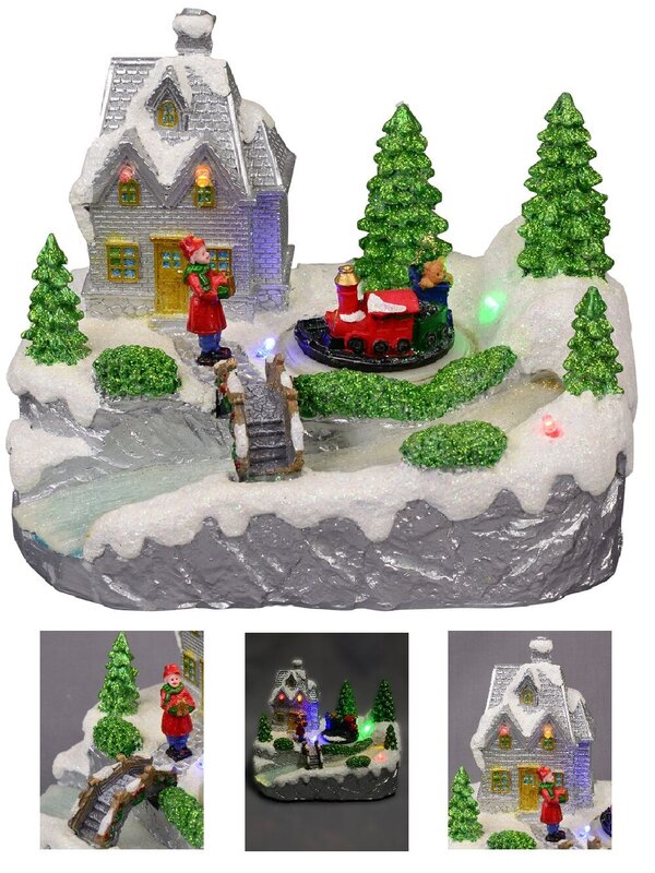 15cm Home By The River & Train Christmas Scene With LED & Fibre Lights