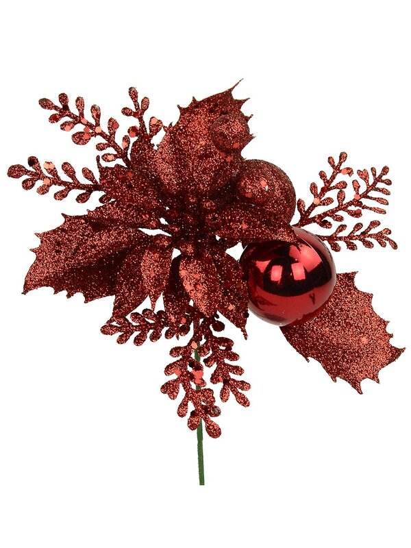 Red Glitter Poinsettia Flower & Holly Leaf Christmas Tree Stem Pick | 15cm