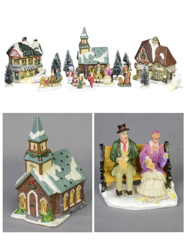 17 Piece Large Christmas Village Scene With LED Church, Shops & Figurines
