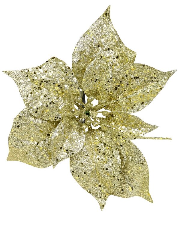 Champagne Gold Glitter Poinsettia Christmas Tree Stem Pick | 17cm
