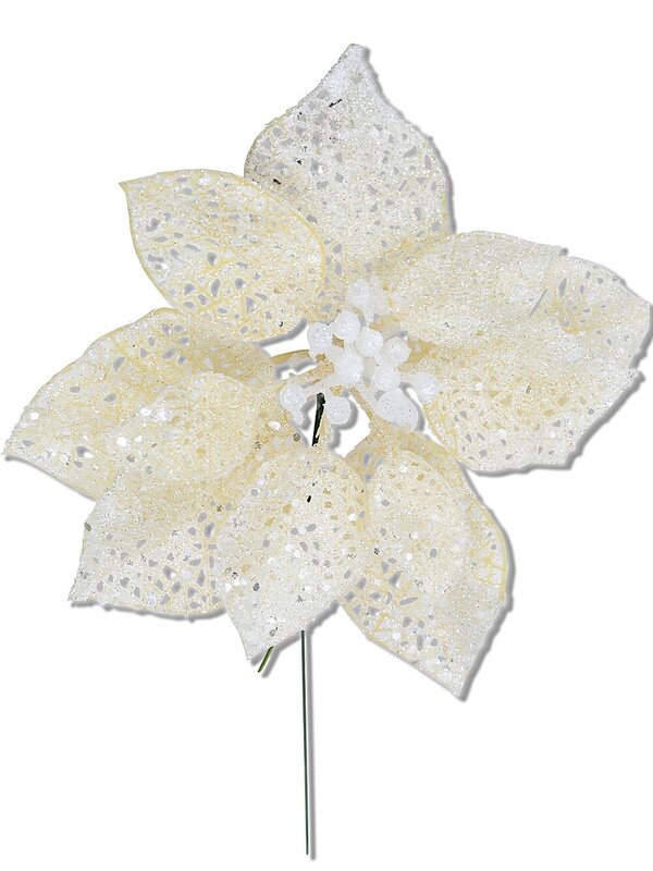 17cm Cream Iridescent Filigree Poinsettia Christmas Tree Stem Pick