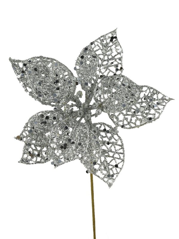 Silver Perforated Petal Poinsettia Christmas Tree Stem Pick | 17cm
