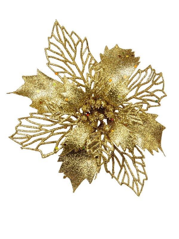 Gold Bract & Leaf Poinsettia Christmas Tree Clip Pick | 18cm