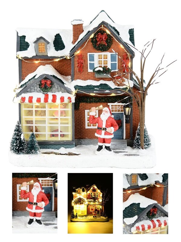 18cm Santa With Bell At Factory Illuminated Battery Village Scene