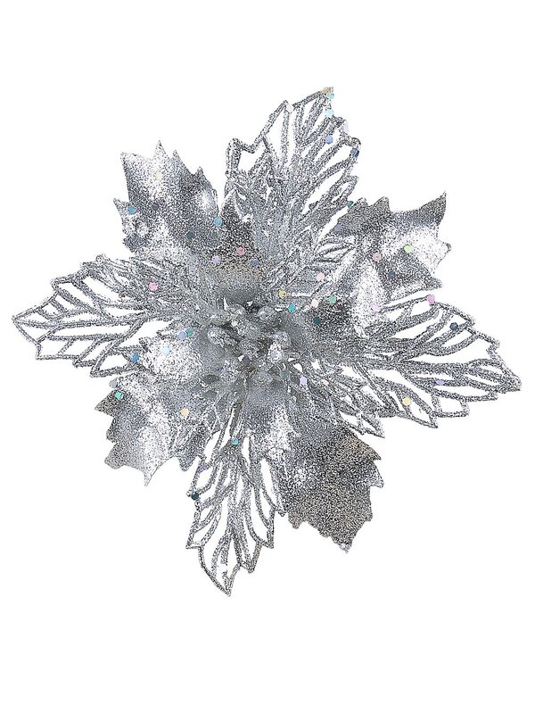 Silver Poinsettia Bract & Leaf Christmas Tree Clip Pick | 18cm