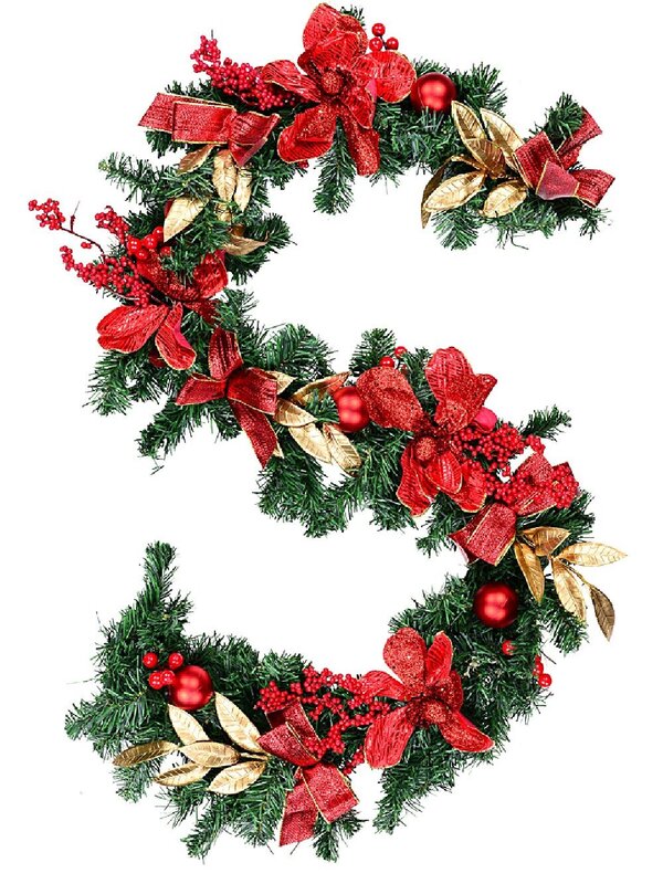 1.8m Decorated Red Poinsettia & Berry Garland | Gold Leaves & Baubles