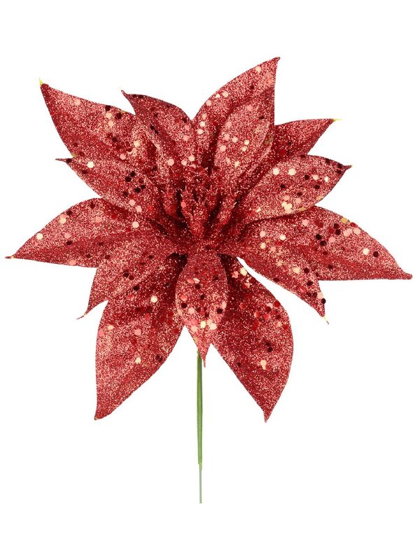 Red Glitter & Sequin Poinsettia Christmas Tree Stem Pick | 19cm