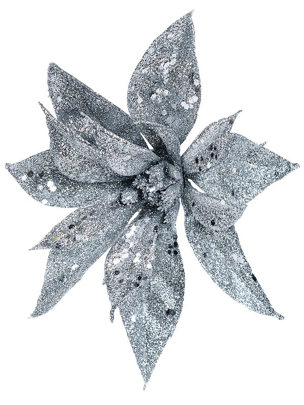 Silver Glitter & Sequin Poinsettia Christmas Tree Stem Pick | 19cm
