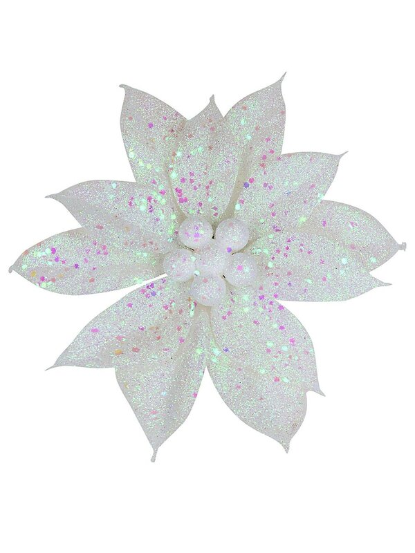 White Poinsettia With Iridescent Decor Christmas Tree Clip Pick | 19cm