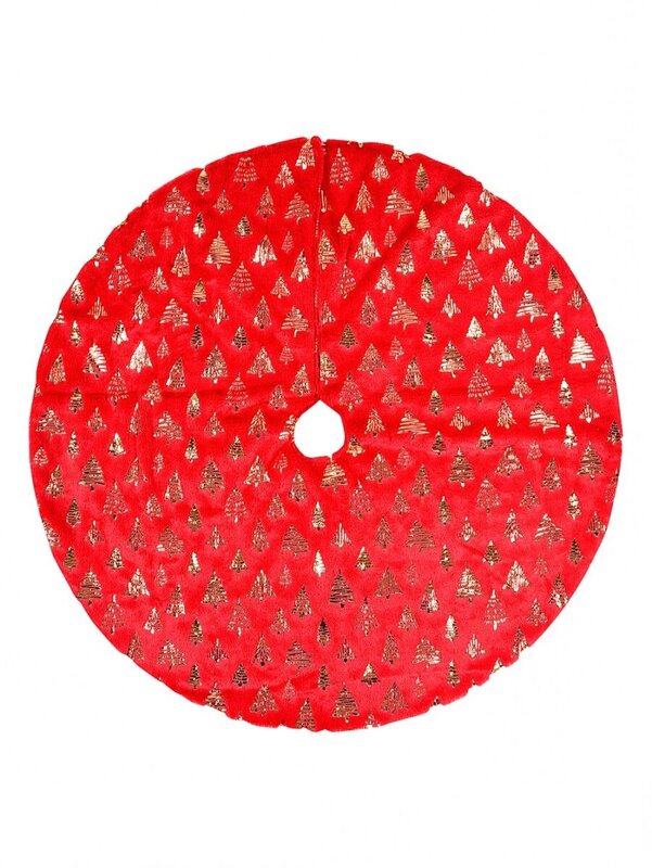 1m Red Plush Faux Fur & Gold Foil Trees Christmas Tree Skirt