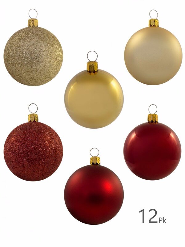 Metallic, Matt & Glittered, Red & Gold Baubles - 12 x 60mm
