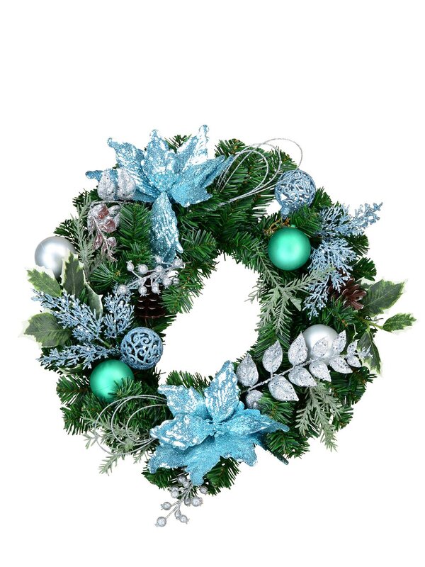 Decorated Blue Poinsettia, Pine Cone, Foliage & Baubles Pine Wreath - 45cm