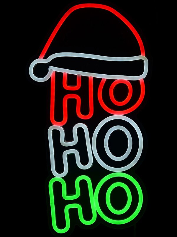 40cm Vertical Ho Ho Ho & Santa Hat Neon LED Light Display On Acrylic Board