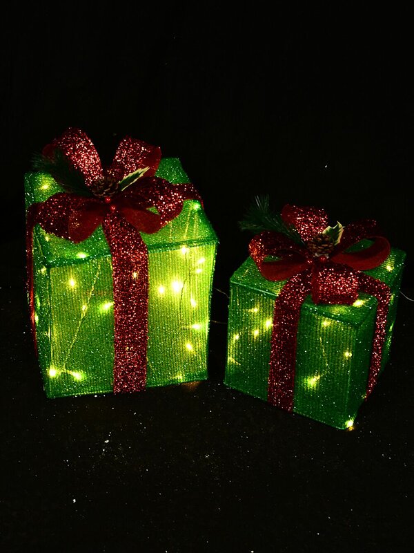 Green Glitter Mesh 3D Gift Box LED Display Set | 25cm & 20cm