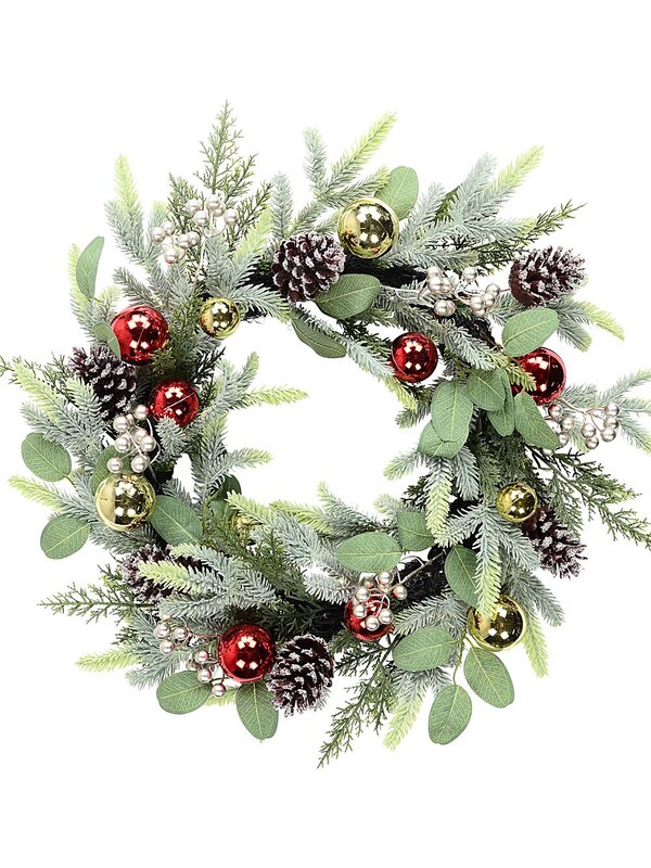 60cm Decorated Cedar & Mixed Foliage Christmas Wreath | Red & Gold Baubles