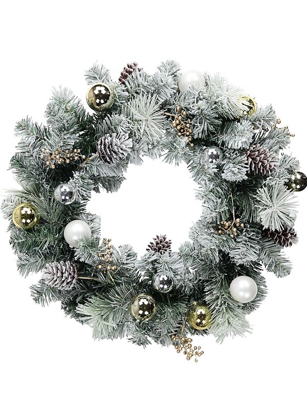 60cm Decorated Flocked Pine & Spruce Wreath | Gold, Silver & White Baubles