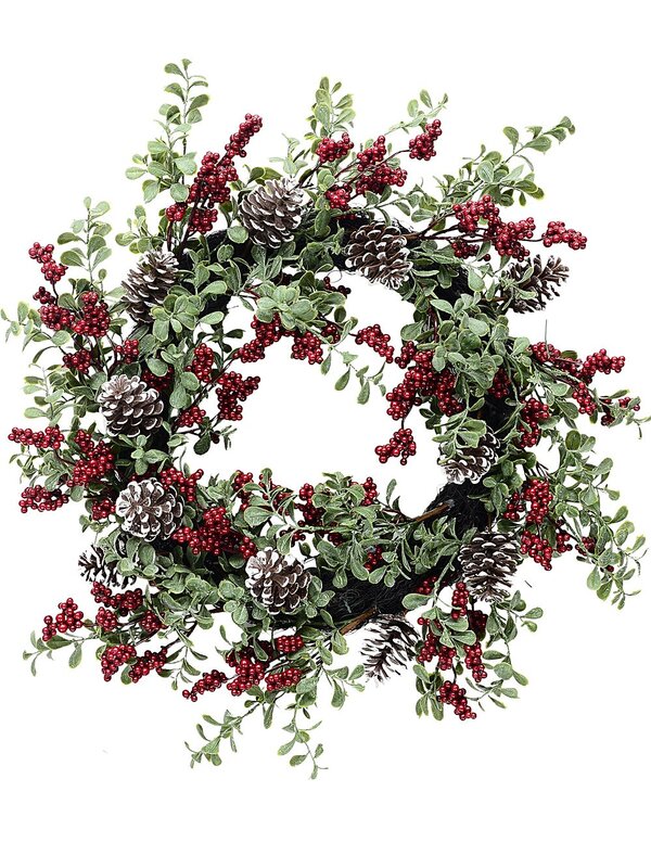 55cm Boxwood & Red Berry Christmas Vine Wreath | Snow Tipped Pine Cones