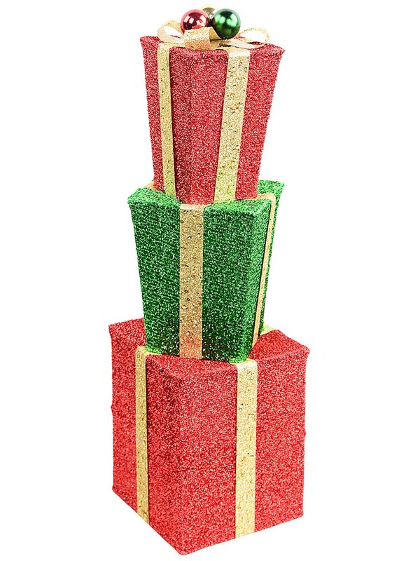 Tiered Red & Green Layered Tinsel Gift Boxes Large Display Decoration | 71cm