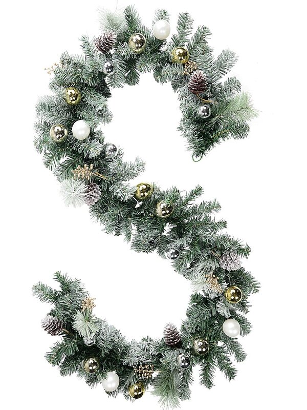 2.7m Decorated Flocked Pine & Spruce Garland | Gold Silver & White Baubles