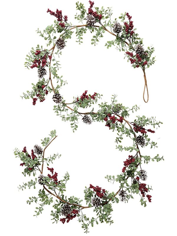2.7m Boxwood & Red Berry Christmas Vine Garland | Snow Tipped Pine Cones