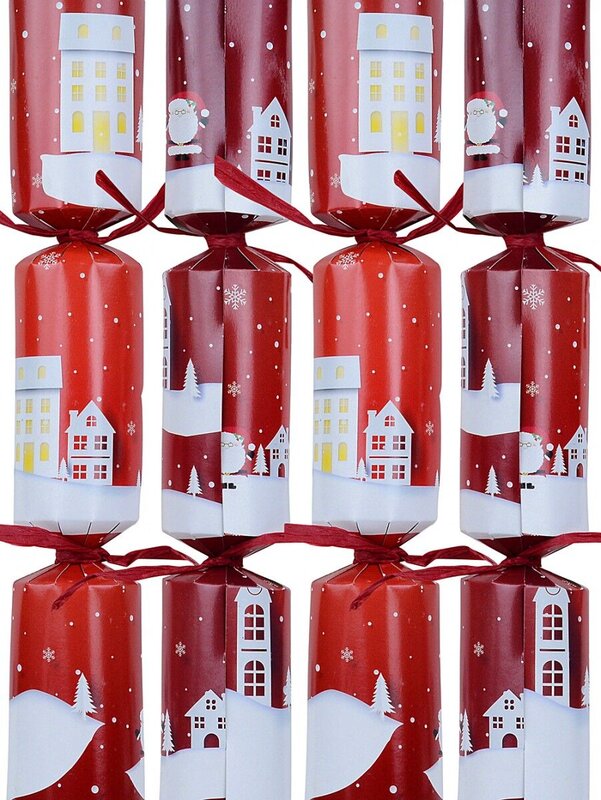 12x Snowy Midnight Town Scene Red Christmas Bon Bons (Crackers) | 30cm
