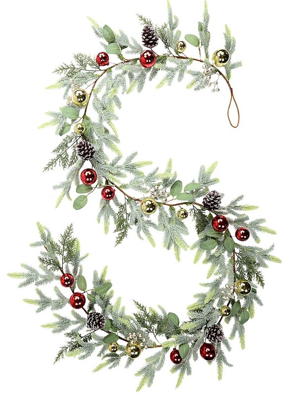 2.7m Decorated Cedar & Mixed Foliage Christmas Garland | Red & Gold Baubles
