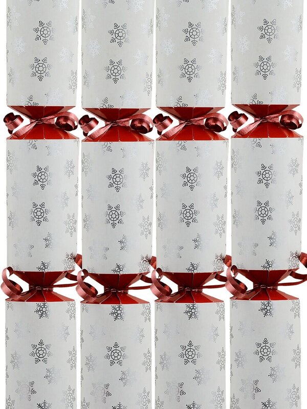 50x Silver Snowflakes On White Red Twists Christmas Bon Bons (Crackers) | 30cm