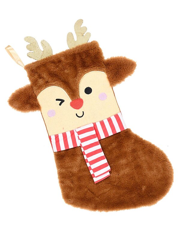 Winking Reindeer Plush Brown Faux Fur Stocking With Scarf | 44cm
