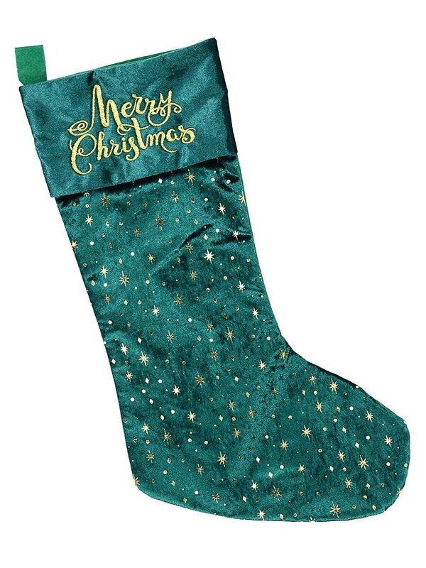 Merry Christmas Dark Green Velvet Gold Foil Star Stocking | 51cm