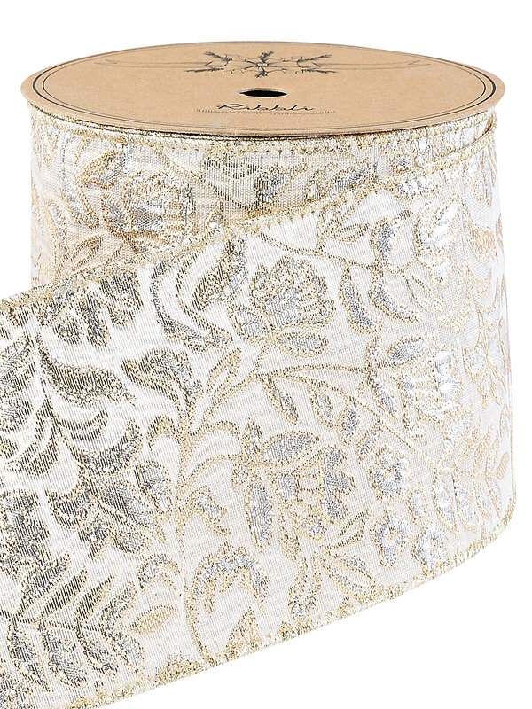 Wired Ivory Brocade Ribbon Champagne & Silver Botanical Pattern | 10m x 10cm