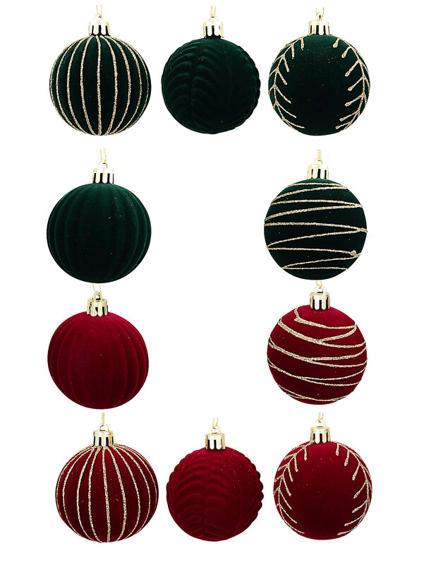 12x Whimsical Red Green & Gold Essential Velvet Glitter Baubles | 60mm