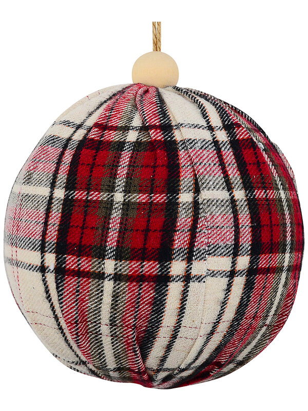 Heritage Red & Beige Grand Tartan Plaid Fabric Bauble | 12cm