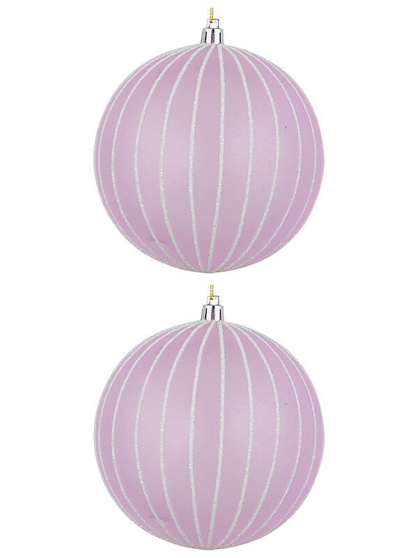 2x Lavender Pink Grand Matte Glitter Pinstripe Baubles | 12cm