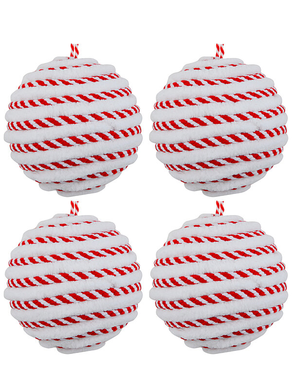 6x Classic Red & White Signature Spiral Plush Chenille Baubles | 80mm