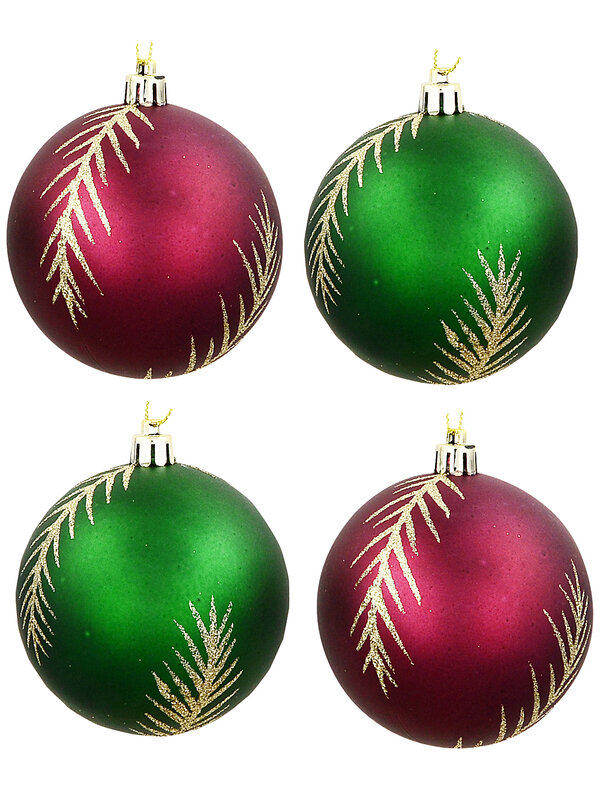 4x Heritage Burgundy & Emerald Signature Satin Botanical Fir Baubles | 80mm