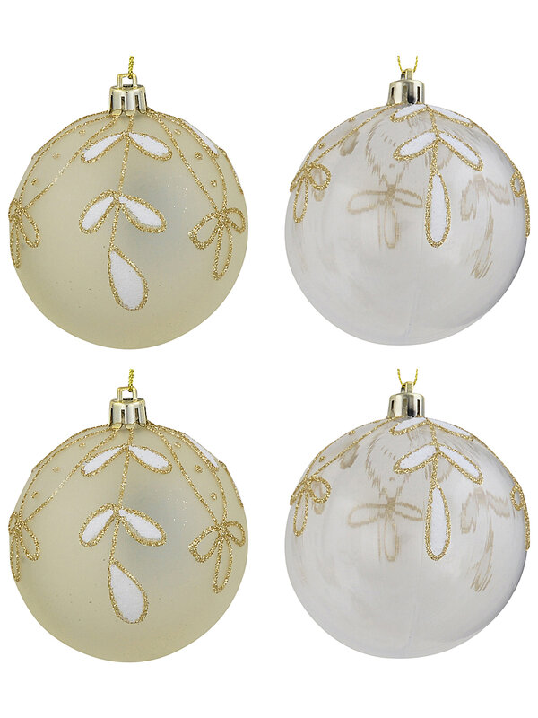 4x Celestial Clear & Cream Signature Botanical Gold Filigree Baubles | 80mm